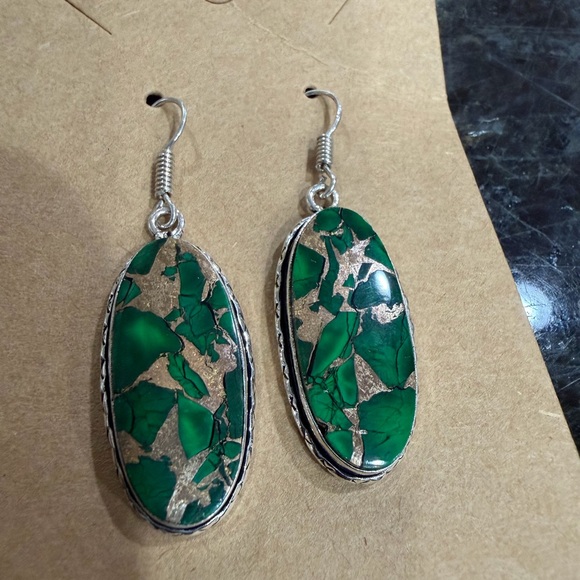 Green Turquoise and 925 Sterling Silver Earrings - Picture 3 of 4